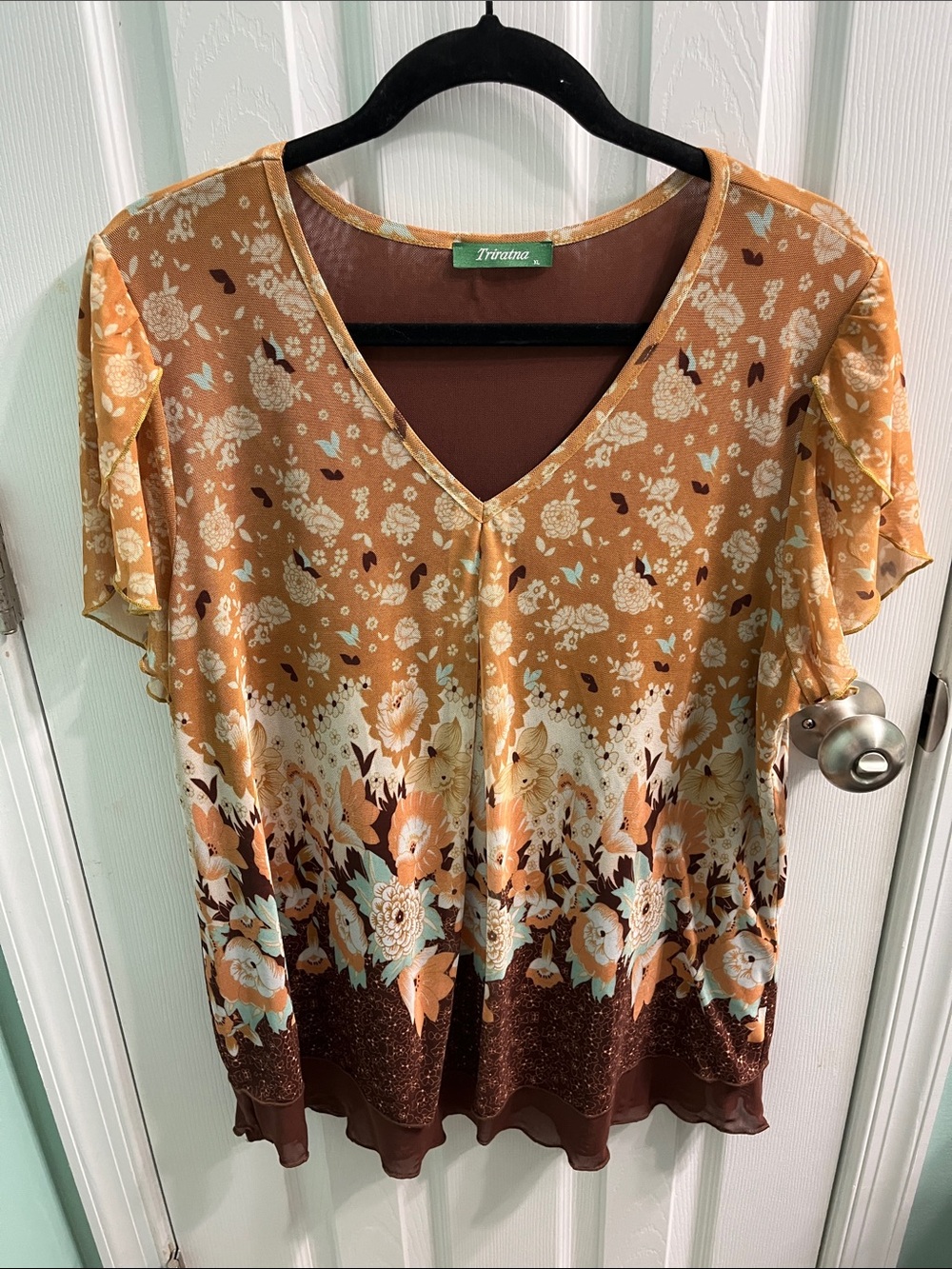 Floral V-Neck Short Sleeve Blouse - Mustard & Brown